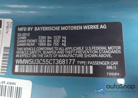 2012 Mini Cooper из США, поврежденный, VIN WMWSU3C55CT368177